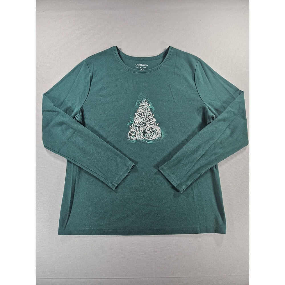 Croft & Barrow Christmas Tree Shirt Large Green Long Sleeve Filigree Graphic Tee